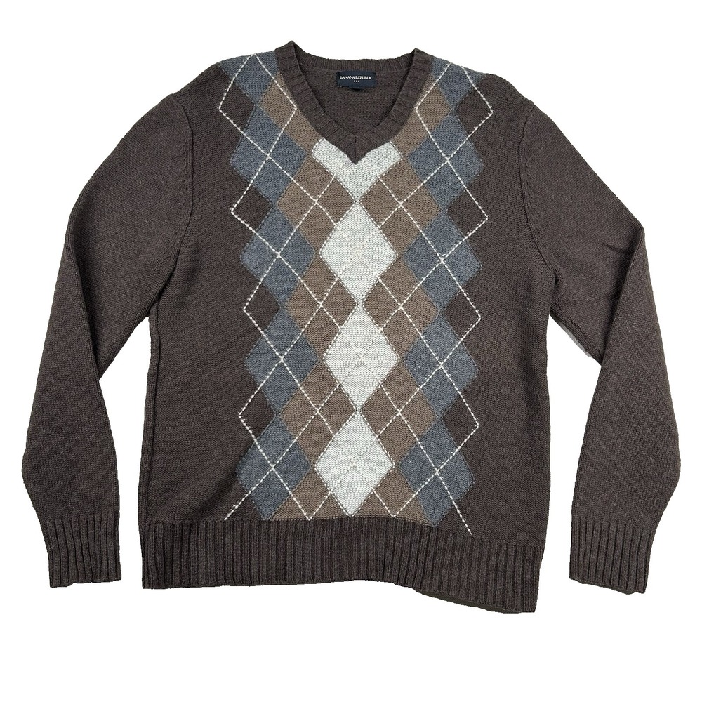 Banana Republic Sweater Mens M 100% Lambs Wool Argyle Grandpa Diamond V-neck
